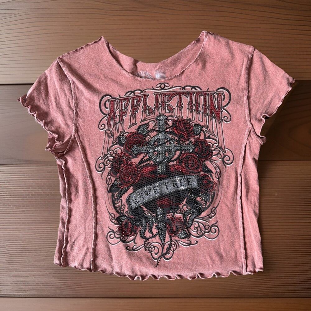 Y2K Affliction Sz S Pink Rhinestone Cross Rose Cropped Baby Tee Grunge Goth